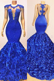 Royal Blue Mermaid Sexy Flowers Sleeveless Sheer Evening Dress