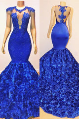 Royal Blue Mermaid Sexy Flowers Sleeveless Sheer Evening Dress-misshow.com