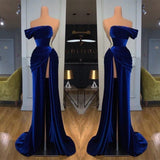 Royal Blue Off-the-shoulder Long Prom Evening Dress with Split-misshow.com