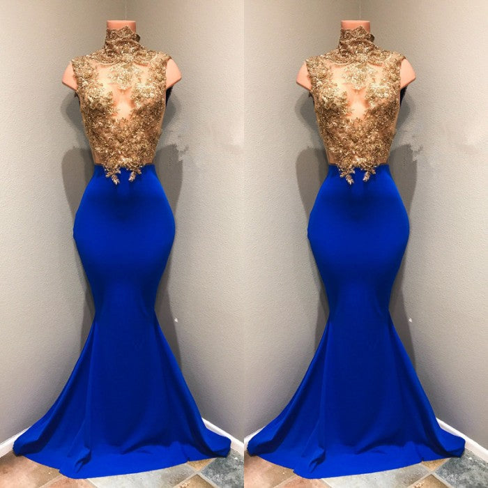Royal-blue Prom Dress Lace Appliques Evening Dress-misshow.com