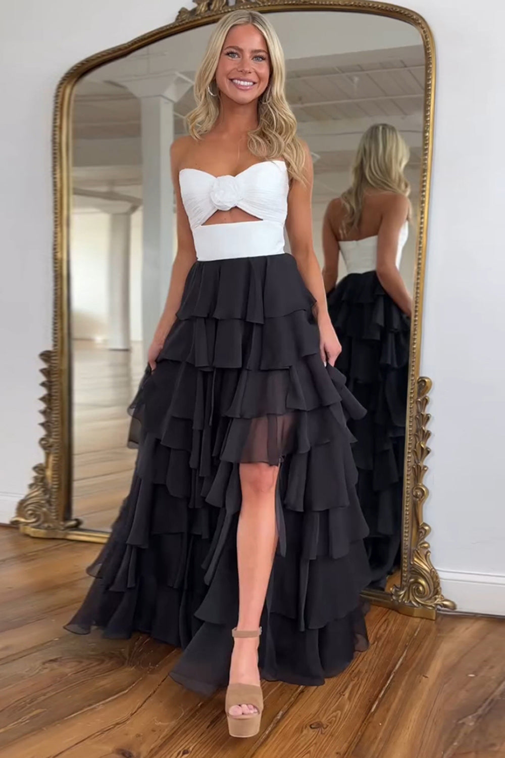 Royal Blue Sweetheart Chiffon A-Line Tiered Long Prom Dress with Slit
