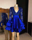 Royal Blue V-neck Long Sleeves Knee Length A-line Party Party Dresses-misshow.com