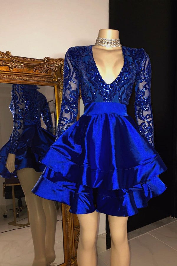 Royal Blue V-neck Long Sleeves Knee Length A-line Party Party Dresses-misshow.com