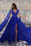 Royal Blue V-Neck Sleeveless Front Slit Chiffon Prom Dress with Ruffles-misshow.com