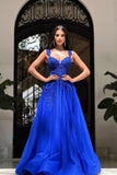 Royal Long Blue Sleeveless Prom Dresses A-line Lace Evening Dresses-misshow.com