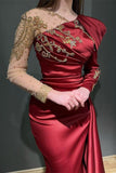 Ruby Asymmetrical Long Sleeves Mermaid Stretch Satin Prom Dress with Ruffles-misshow.com