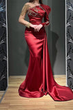 Ruby Asymmetrical Long Sleeves Mermaid Stretch Satin Prom Dress with Ruffles-misshow.com