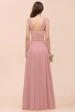 Ruffle Straps A-line Maxi Dusty Pink Bridesmaid Dress for Girls-misshow.com