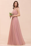 Ruffle Straps A-line Maxi Dusty Pink Bridesmaid Dress for Girls-misshow.com