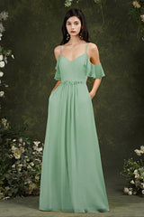 Ruffles Aline Spaghetti Strapes Tulle Long Prom Dress-misshow.com