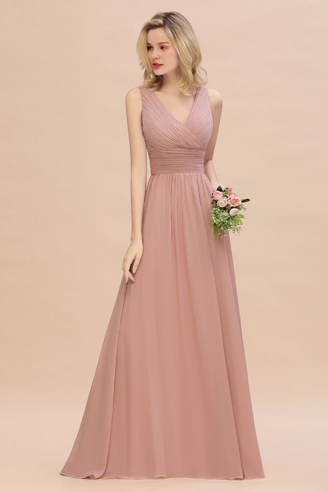 Ruffles V-Neck A-line Dusty Pink Bridesmaid Dresses | Sleeveless Floor-Length Evening Dresses | MISSHOW Ruffles V-Neck A-line Dusty Pink Bridesmaid Dresses | Sleeveless Floor-Length Evening Dresses | MISSHOW