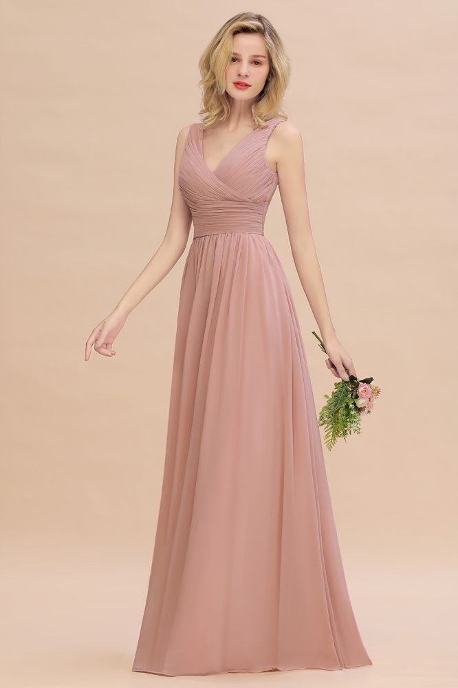 MISSHOW offers Ruffles V-Neck A-line Dusty Pink Bridesmaid Dresses, Sleeveless Floor-Length Evening Dresses at a good price from Misshow