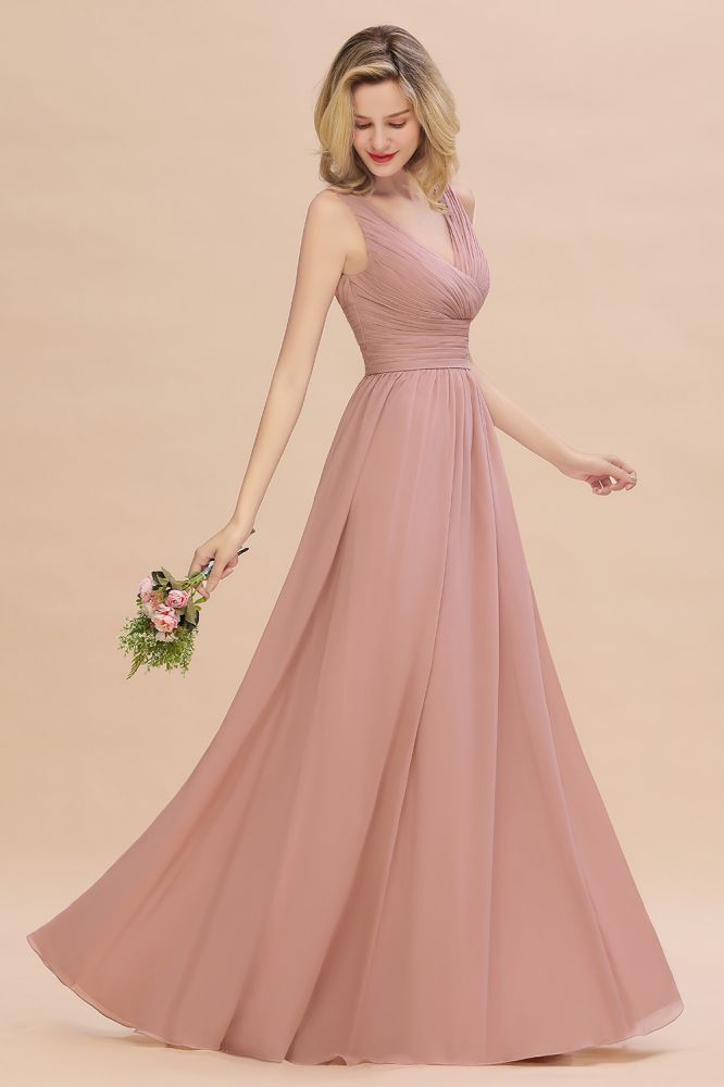 MISSHOW offers Ruffles V-Neck A-line Dusty Pink Bridesmaid Dresses, Sleeveless Floor-Length Evening Dresses at a good price from Misshow