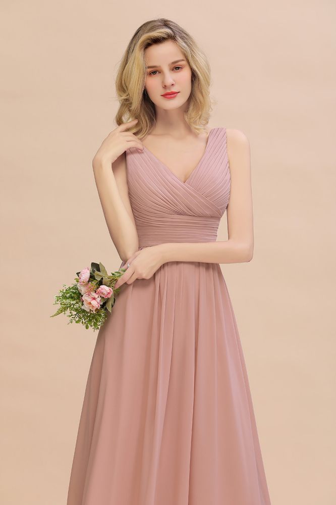 MISSHOW offers Ruffles V-Neck A-line Dusty Pink Bridesmaid Dresses, Sleeveless Floor-Length Evening Dresses at a good price from Misshow