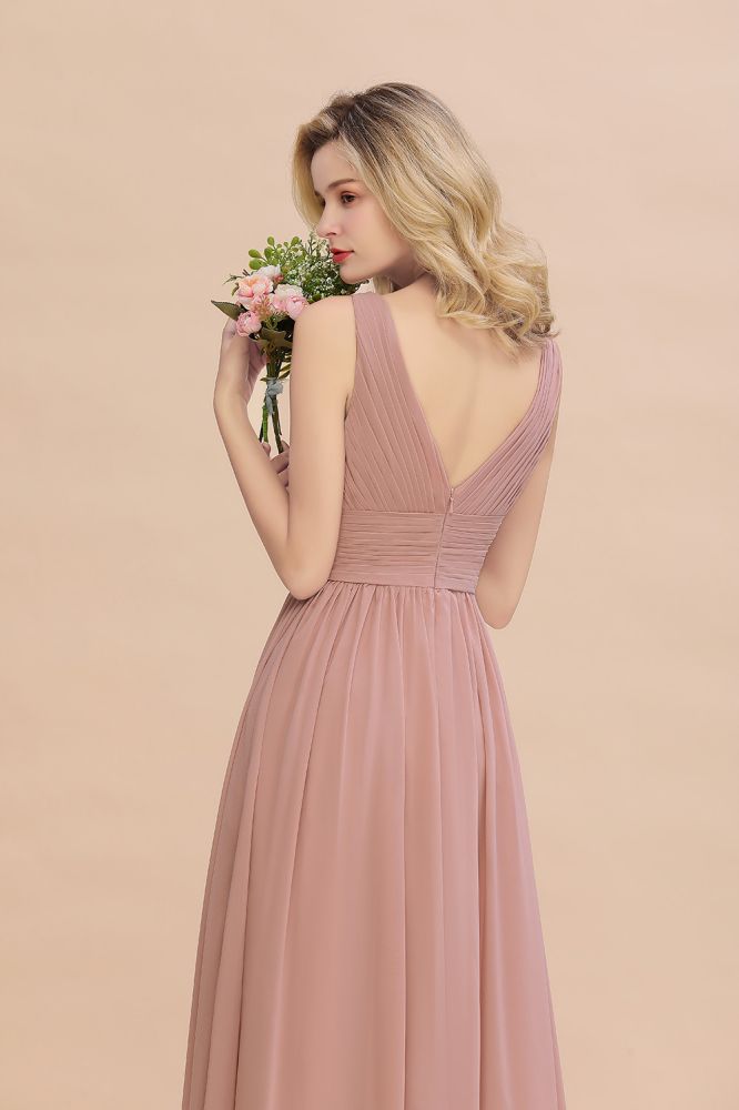 MISSHOW offers Ruffles V-Neck A-line Dusty Pink Bridesmaid Dresses, Sleeveless Floor-Length Evening Dresses at a good price from Misshow