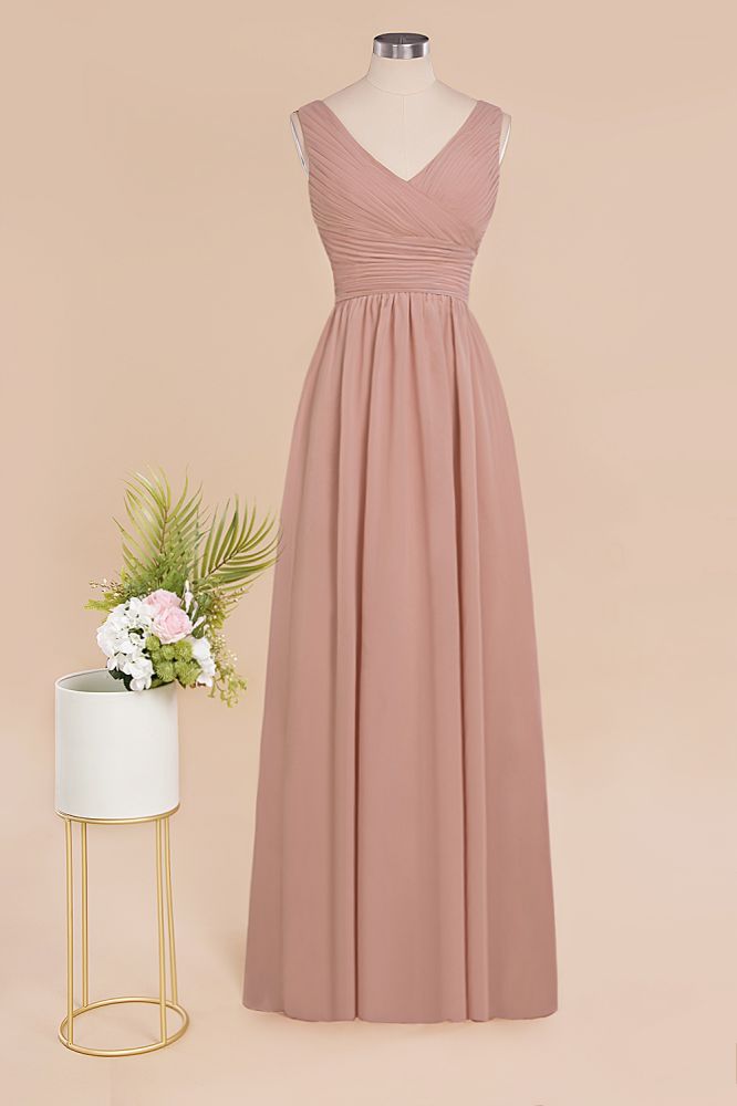 MISSHOW offers Ruffles V-Neck A-line Dusty Pink Bridesmaid Dresses, Sleeveless Floor-Length Evening Dresses at a good price from Misshow