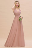 Ruffles V-Neck A-line Dusty Pink Bridesmaid Dresses | Sleeveless Floor-Length Evening Dresses