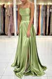 Sage Evening Dresses Simple Long A-line Satin Prom Dress With Slit-misshow.com