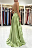 Sage Evening Dresses Simple Long A-line Satin Prom Dress With Slit-misshow.com
