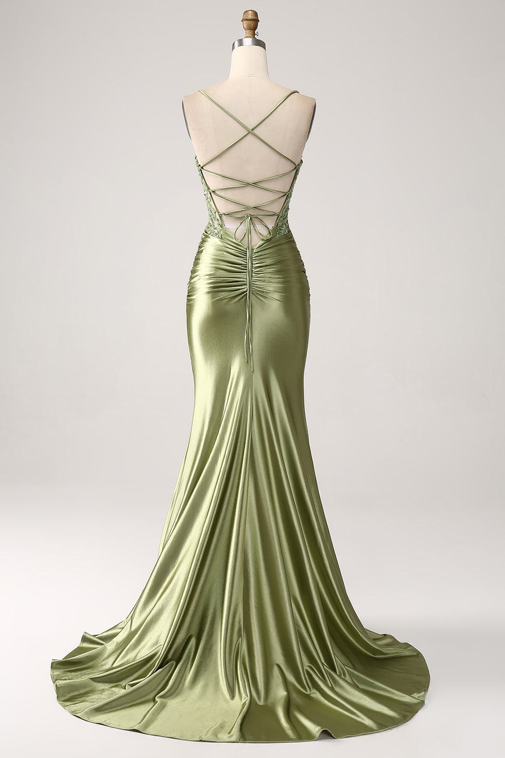 Sage Spaghetti Straps Satin Mermaid Long Prom Dress with Lace Appliques