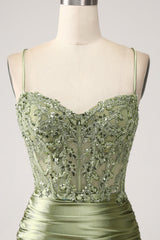 Sage Spaghetti Straps Satin Mermaid Long Prom Dress with Lace Appliques