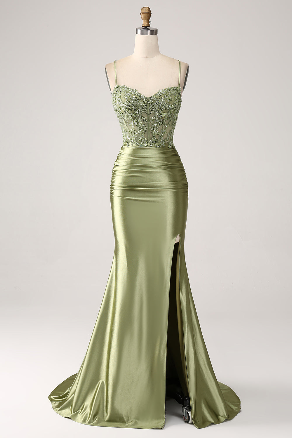 Sage Spaghetti Straps Satin Mermaid Long Prom Dress with Lace Appliques