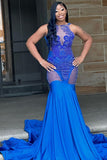Saxy Royal Blue Lace Sleeveless Mermaid Prom Dress-misshow.com
