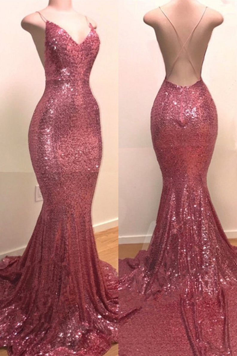 Sequins V-neck Sleeveless Spaghetti Backless Prom Dresses-misshow.com