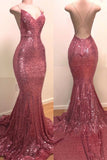 Sequins V-neck Sleeveless Spaghetti Backless Prom Dresses-misshow.com