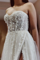 Sexy A-line Long Glitter Lace Sleeveless Wedding Dresses With Slit-misshow.com