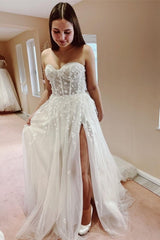 Sexy A-line Long Glitter Lace Sleeveless Wedding Dresses With Slit-misshow.com