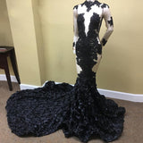 Sexy Black Long Sleeve Prom Dress Lace Evening Gown With Flowers Bottom-misshow.com