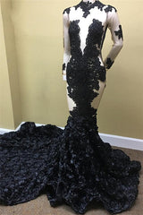 Sexy Black Long Sleeve Prom Dress Lace Evening Gown With Flowers Bottom-misshow.com