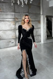 Sexy Black Sequined Column Appliques Long Sleeves Split Front Floor-length Prom Dresses
