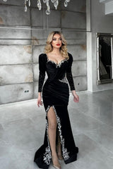 Sexy Black Sequined Column Appliques Long Sleeves Split Front Floor-length Prom Evening Dresses-misshow.com