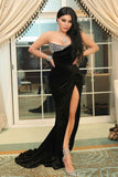 Sexy Black Sequined Sleeveless Mermaid Prom Dress With Slit