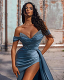 Sexy Blue Long Off-the-shoulder High Split Evening Dresses-misshow.com