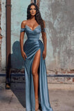Sexy Blue Long Off-the-shoulder High Split Evening Dresses-misshow.com