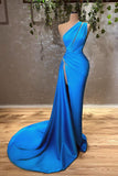 Sexy Blue One Shoulder Split Mermaid Prom Dress With Beads-misshow.com