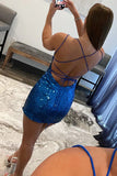 Sexy Blue Spaghetti Straps Sleeveless Short Homecoming Dresses-misshow.com