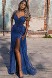 Sexy Blue V-neck Off-the-shoulder Sequined Prom Dress With Slit