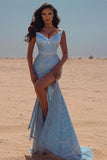 Sexy Blue V-neck Sequined Mermaid Prom Dress With Slit-misshow.com