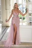 Sexy Blushing Pink Floor Length Sweetheart Sleeveless Mermaid Lace Prom Dress with Split