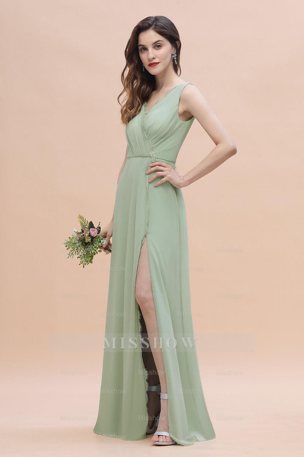 Sexy Chiffon Ruffles Dusty Sage Bridesmaid Dresses with Lace Edge On S misshow.com Sexy Chiffon Ruffles Dusty Sage Bridesmaid Dresses with Lace Edge On S misshow.com