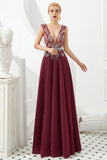 Sexy Deep V-Neck aline Evening Dress Sleeveless Crystals Floor Length Prom Dress quincenera Dress