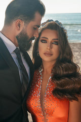 Sexy Deep V-Neck Crystals Satin Mermaid Prom Evening Dresses with Sweep Train Side Slit-misshow.com