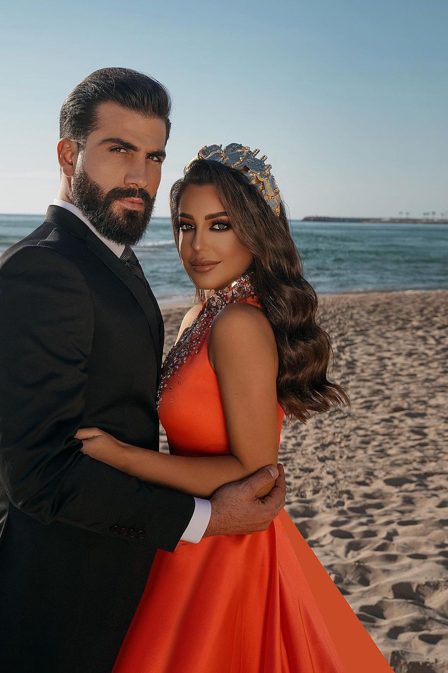 Sexy Deep V-Neck Crystals Satin Mermaid Prom Evening Dresses with Sweep Train Side Slit-misshow.com