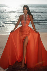 Sexy Deep V-Neck Crystals Satin Mermaid Prom Evening Dresses with Sweep Train Side Slit-misshow.com
