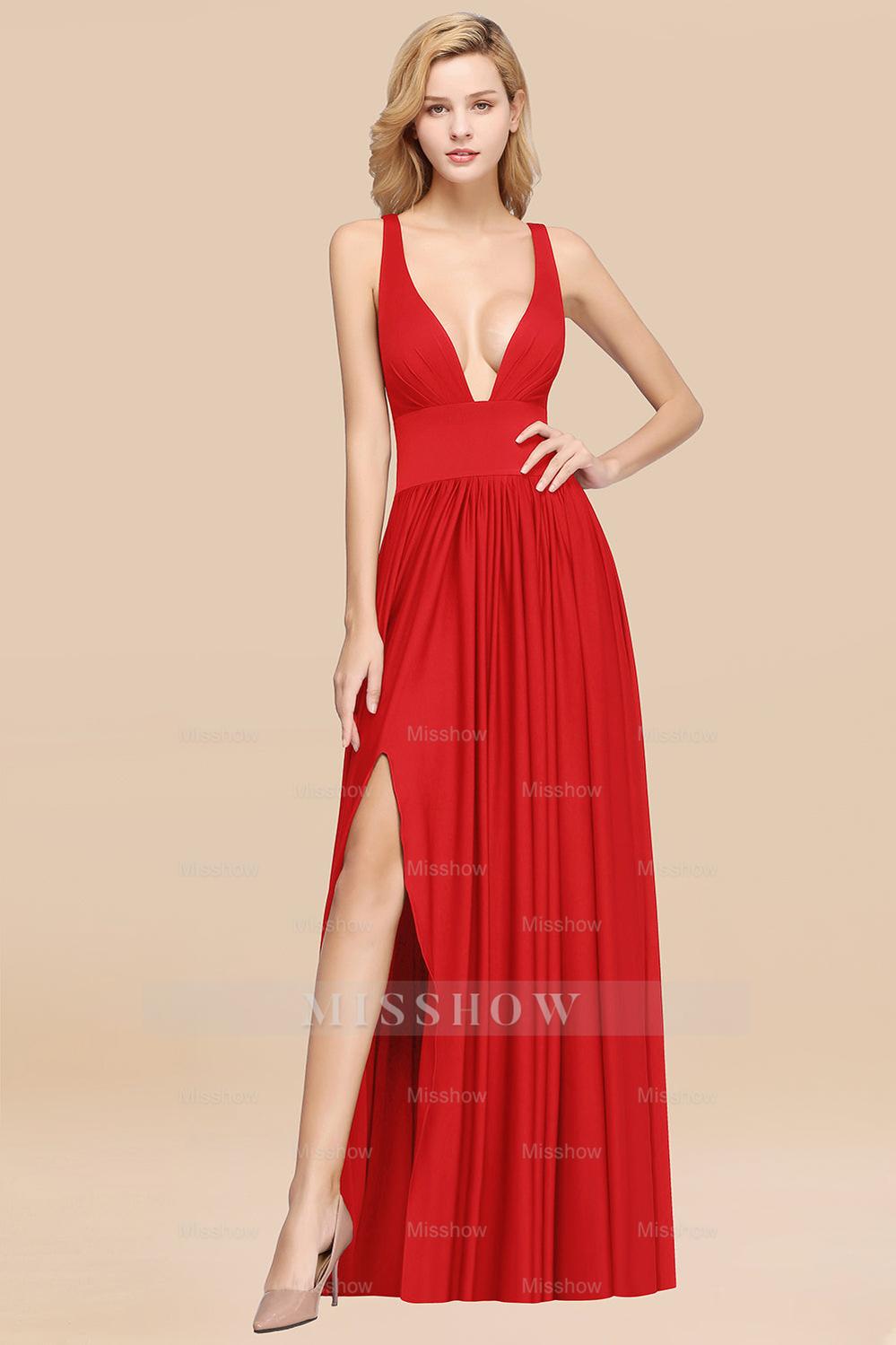 Sexy Deep V-Neck Sleeveless Bridesmaid Dresses Burgundy Chiffon Weddin misshow.com Sexy Deep V-Neck Sleeveless Bridesmaid Dresses Burgundy Chiffon Weddin misshow.com