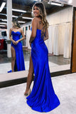 Sexy Floor Length Spaghetti Strap Sleeveless Mermaid Satin Prom Dress with Ruffles-misshow.com